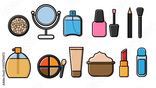 A set of 12 beautiful flat icons of fashionable glamorous beauty items perfumes powder cosmetics cream mirror for make-up and beauty guidance isolated on a white background. Vector illustration