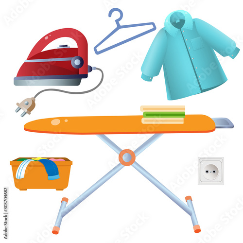 Color images of red iron with ironing board on white background. Electrical goods and household equipment. Vector illustration set.