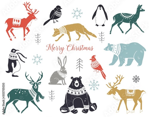 Cute hand drawn winter animals set in sweater, scarf and hat. Silhouettes of wild animals in scarves with ornaments. Scandinavian style.