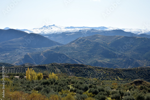 Valleys and mountains with various types of trees in a natural park of Granada with Sierra Nevada in the background © Miguel Ángel RM