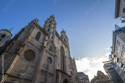 Panorama of Stephansplatz square in Vienna, Austria, with the Domkirche St Stephan cathedral. This square is the historic center of Wien, and a major landmark of the Austrian capital