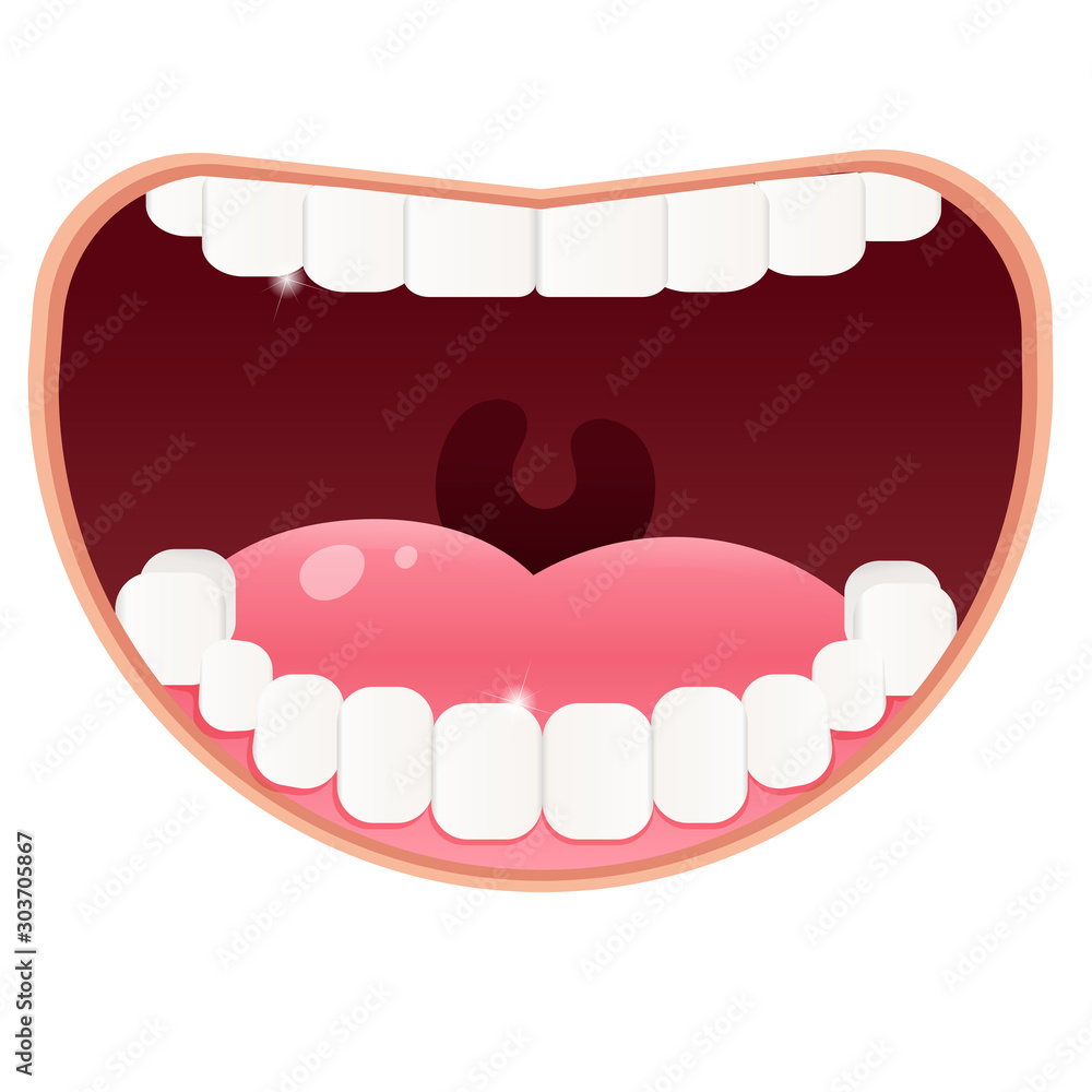 Color image of open mouth with white clean teeth on white background. Health and hygiene. Vector illustration for dentistry. - obrazy, fototapety, plakaty 