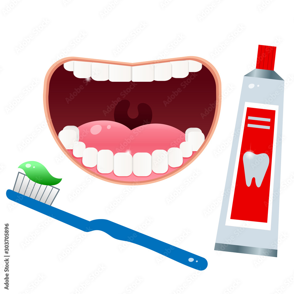 Εκτύπωση καμβά Color images of open mouth with white clean teeth and toothbrush, toothpaste on white background