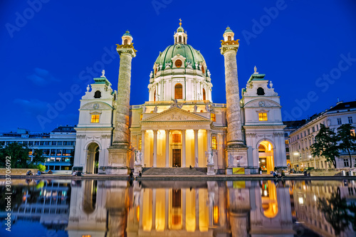 Famous Karlskirche at night in Vienna, Austria