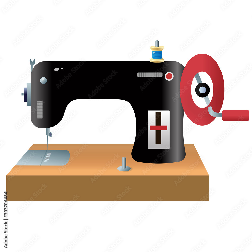 Color image of sewing machine on a white background. Needlework. Vector illustration.