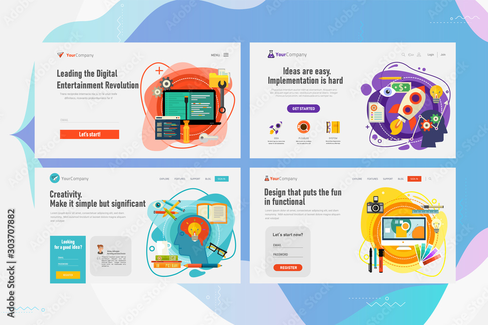 Responsive landing page and one page website design template mockups collection for startup, graphic design, creativity and programming. Flat style vector illustration web page set