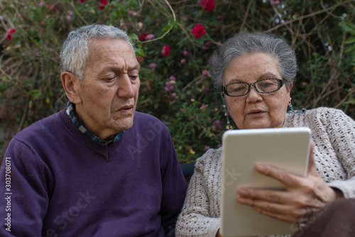 Adult couple using a laptop in a park