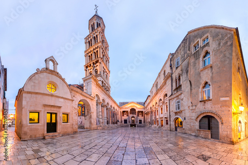 Panoramic view of Saint Domnius Cathedral in Diocletian Palace in Old Town of Split, the second largest city of Croatia in the morning