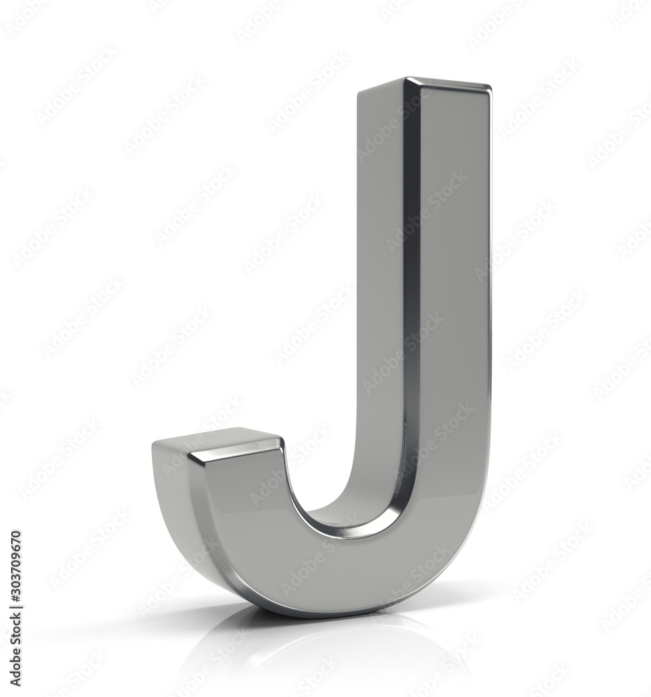 J letter 3d render. Silver letter J isolated on white background.
