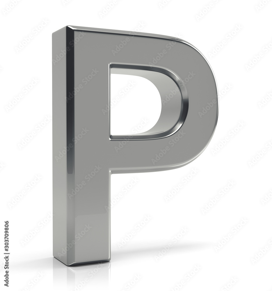 P letter 3d render. Silver letter P isolated on white background. P letter 3d render. Silver letter P isolated on white background.