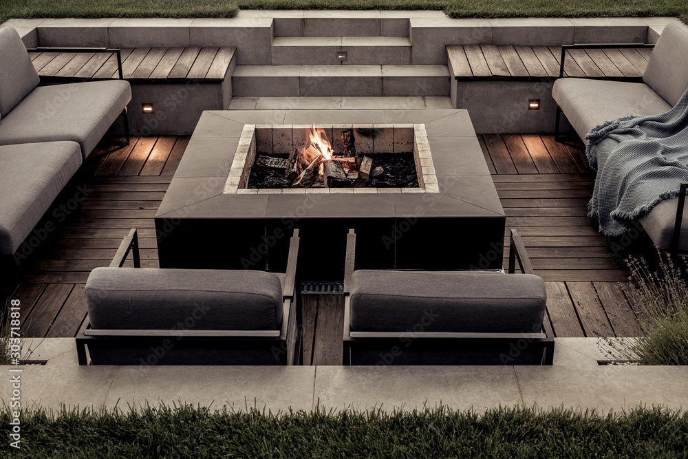 Outdoor zone for relax with burning fire pit - obrazy, fototapety, plakaty 