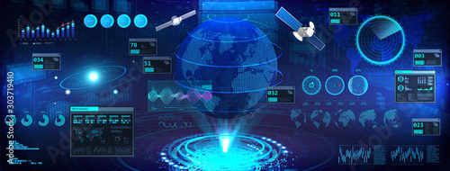 Earth globe in HUD, UI, GUI style. Futuristic world map hologram with interface. Сontrol center dashboard. 3D earth globe, sky-fi elements. Vector illustration Earth globe, HUD. Military interface