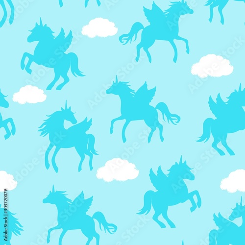 Fototapeta Naklejka Na Ścianę i Meble -  Seamless repeat pattern with pastel pink winged unicorns pegacorns silhouettes flying in pink sky with clouds
