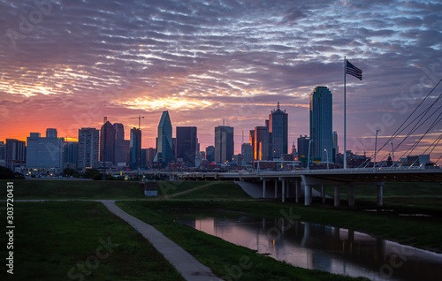 Downtown Dallas Texas during sunrise. 