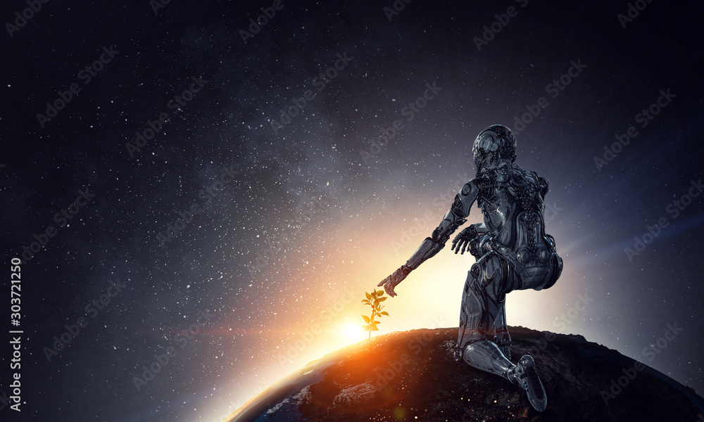 Naklejka premium Cyborg woman as concept of creation. Mixed media
