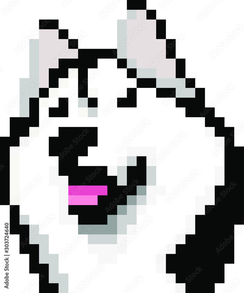 vector pixel art Siberian Husky dog isolated on white background, black and white dog.