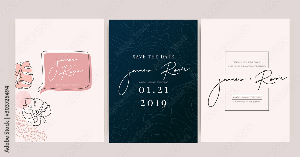 Minimal pink tropical Wedding Invitation, floral invite thank you, rsvp modern card Design in Blue Geometric shape with golden line decorative Vector elegant rustic template