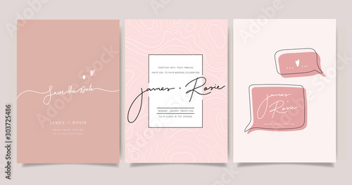 Minimal pink tropical Wedding Invitation, floral invite thank you, rsvp modern card Design in Blue Geometric shape with golden line decorative Vector elegant rustic template