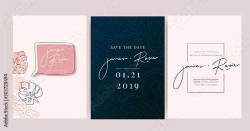 Minimal pink tropical Wedding Invitation  floral invite thank you  rsvp modern card Design in Blue Geometric shape with golden line decorative Vector elegant rustic template