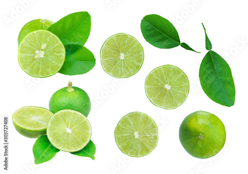 Collection of green lemon cut and slice isolated on white background.