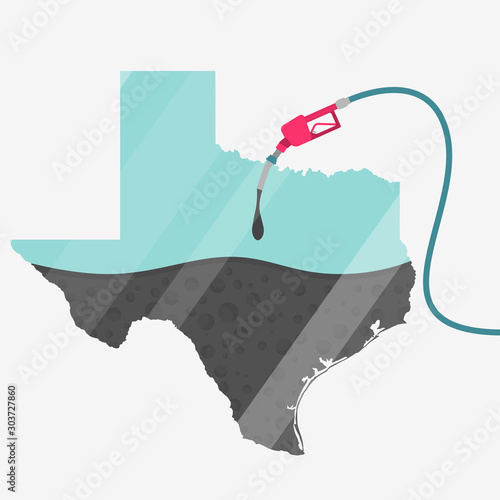 Map Texas, in USA, being fueled by oil. Gas pump fueled map. On the map there is glass reflection. American state. Conceptual. Oil producing or importing regions.