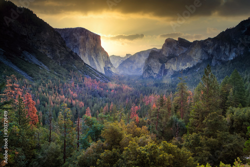 Famous Tunnel View in Yosemite National Park, California, USA at Sunrise photo