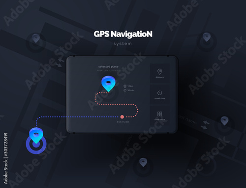 Mobile device with a layout app for orient. Gps navigation system. Mobile application for navigation. Gps smart tracker. Mobile phone is a mark on the map. Modern vector illustration 