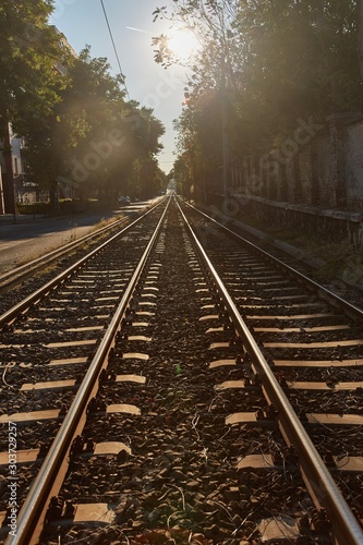 Tram line rails in the suburbs with sunlight flare