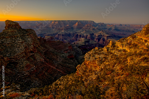 Grand Canyon view at sunset from New Hance Trail, South Rim, Grand Canyon, Arizona, USA photo