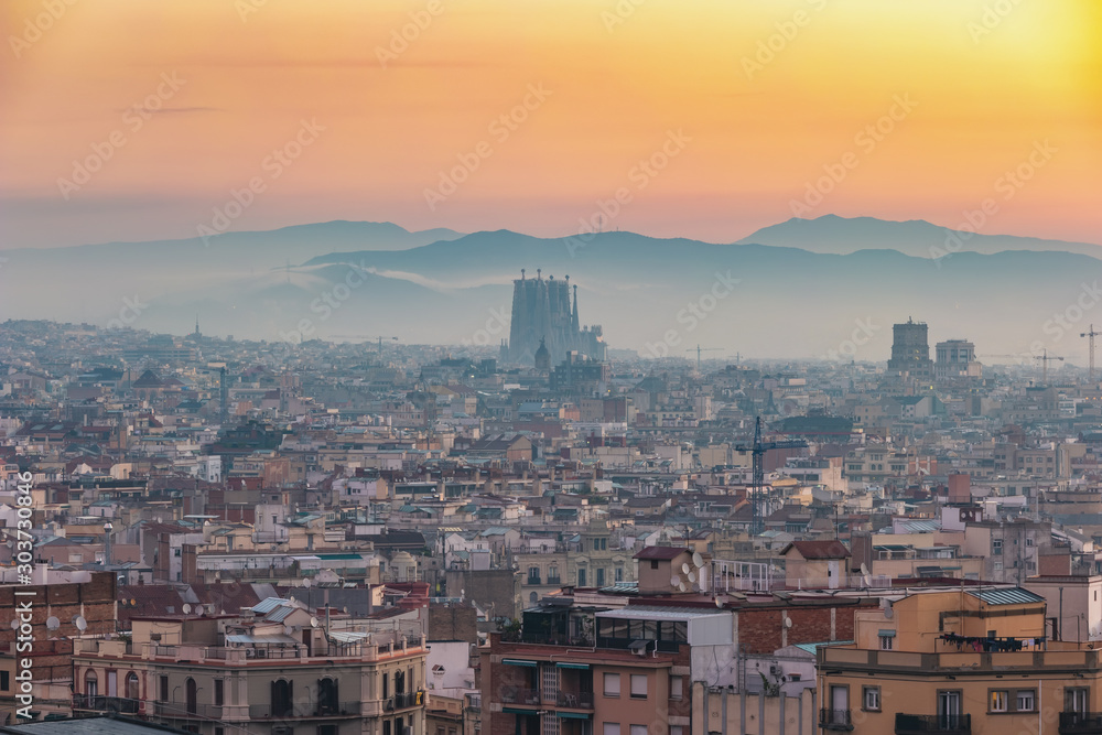 Barcelona Spain, aerial view sunrise city skyline at city center