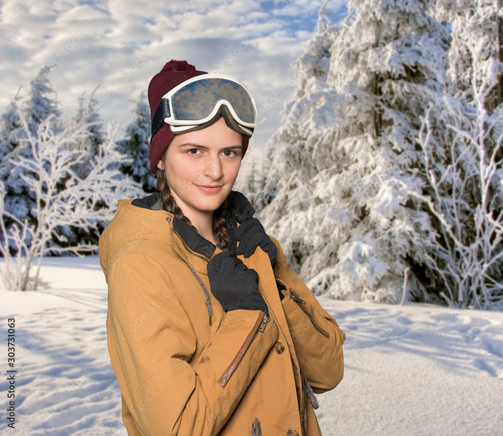 Φωτογραφία Outdoor snow portrait pretty young woman snowboarder skier in winter coat and go
