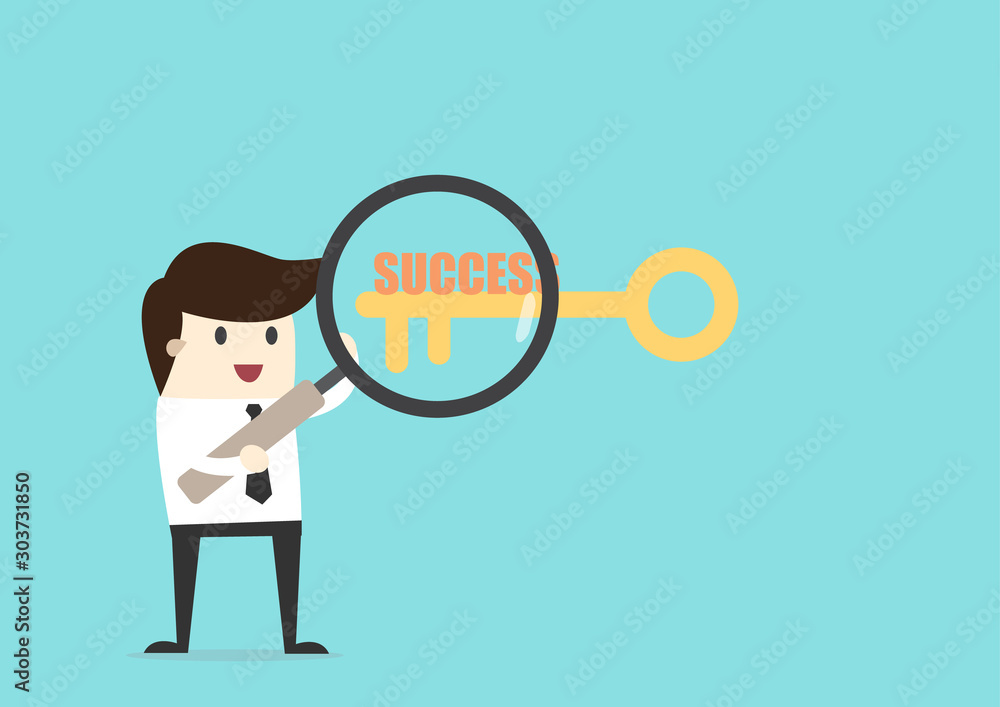 Businessman hold magnifying glass to find success key Businessman hold magnifying glass to find success key