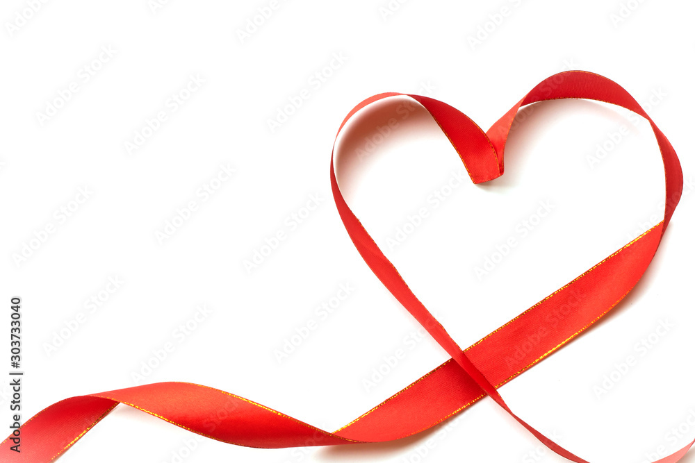 Top view of ribbon shaped as heart isolated on white background. Valentine's day concept