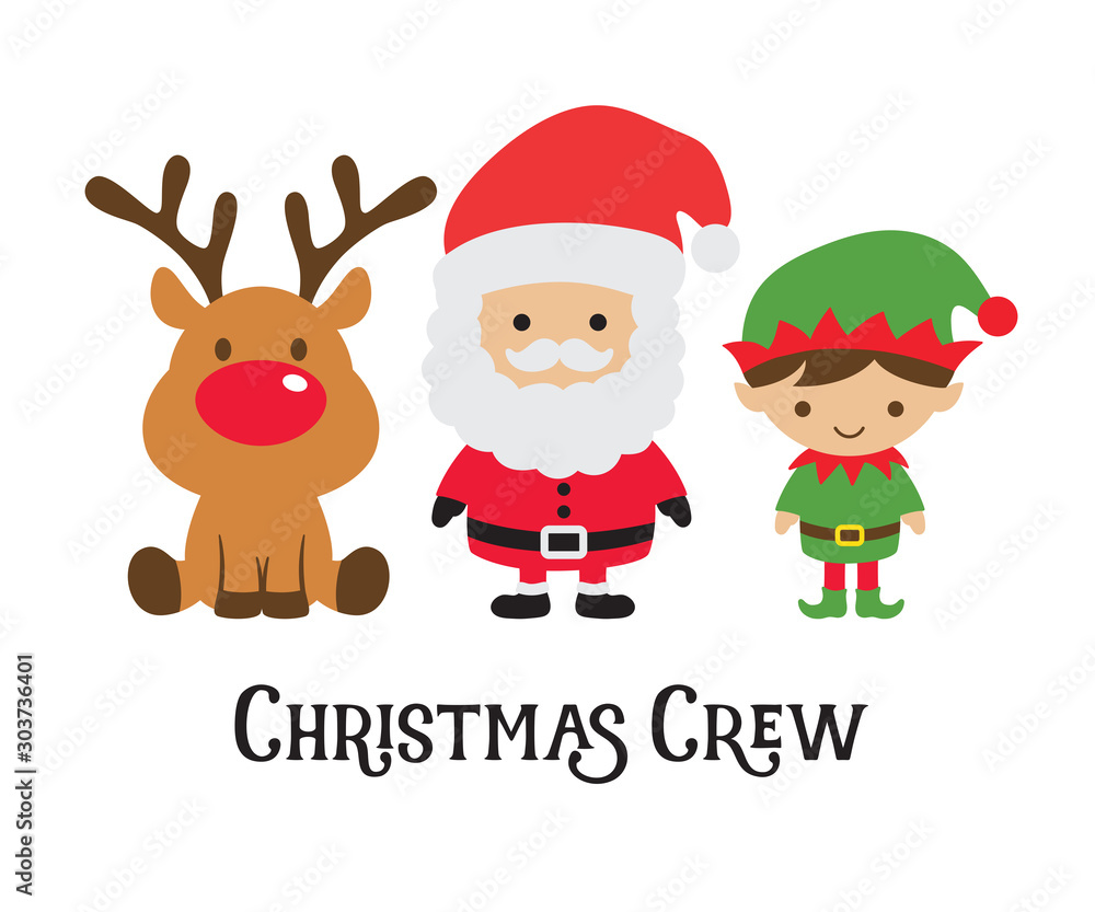 Cute Christmas crew including Santa Claus, elf, and reindeer vector illustration.