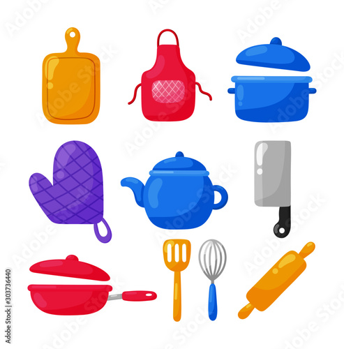 cooking foods and kitchen outline colorful icons set on white background. vector illustration. 