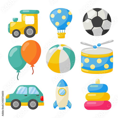cartoon transport toys icon set. cars, helicopter, rocket, balloon and plane isolated on white background. illustration vector.  