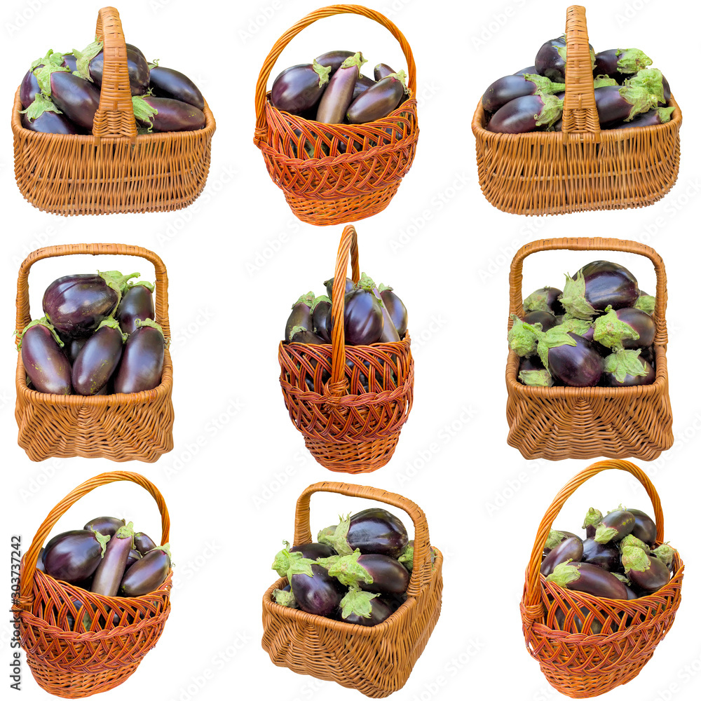 Basket with fresh eggplants on a white background. Basket with fresh eggplants on a white background.