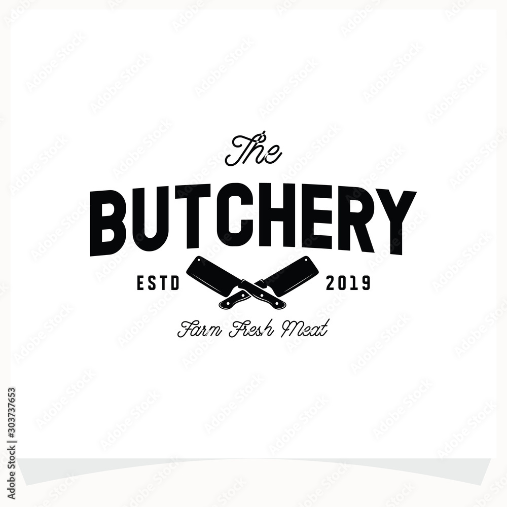Plakat Butchery Shop Logo Design Template. Cow and meat cleaver knife vector design.