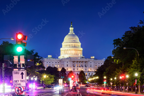 Close up of Capitol Building after sunset, with traffic sighs, long exposure,Washington DC