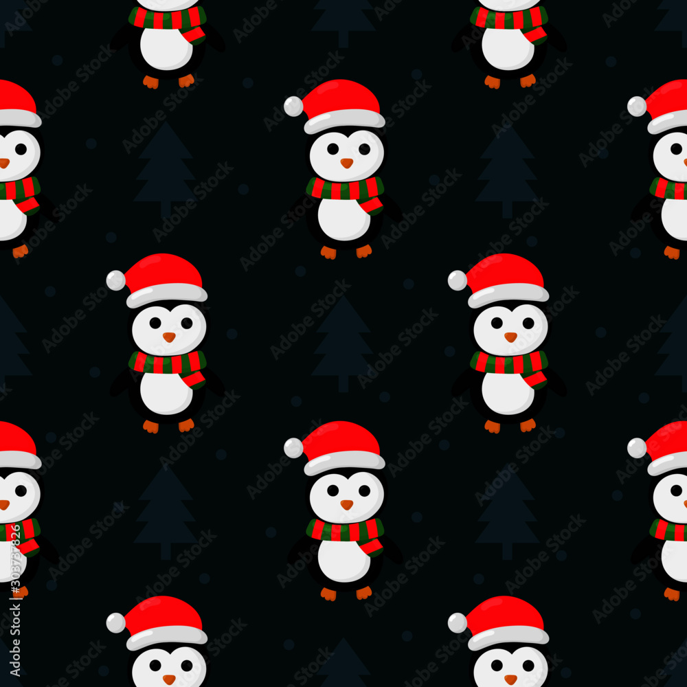 christmas penguins seamless pattern on blue background. vector Illustration.