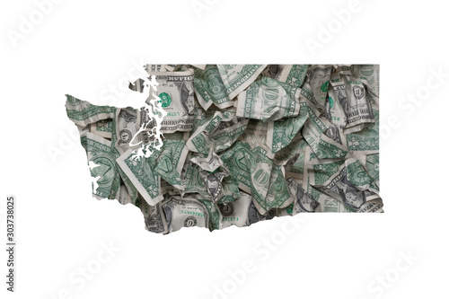 Washington State Map Outline with Crumpled Dollars, Government Waste of Money Concept