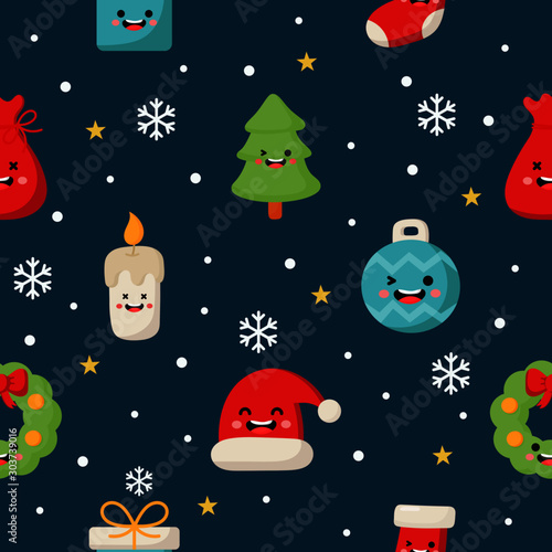 christmas characters seamless pattern on blue background. vector Illustration.