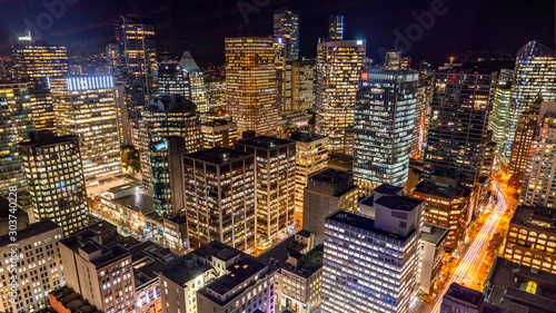 Vancouver, British Columbia, Canada. Aerial city view of  downtown, taken during a chill night after a beautiful sunset. © Daniel Avram