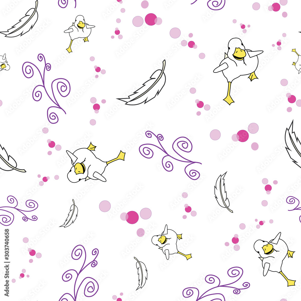 Duck on the run, duck running Seamless vector background with feather and other doodles. Surface Pattern Design
