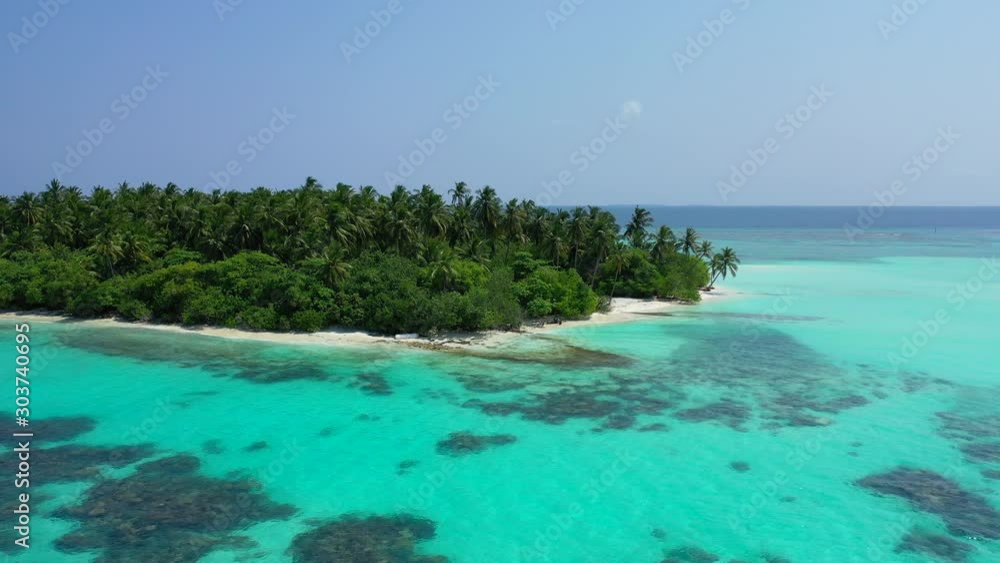 Dense green forest with palm trees on a low tropical island with white sandy beach surrounded by turquoise lagoon full of coral reefs in Fiji Dense green forest with palm trees on a low tropical island with white sandy beach surrounded by turquoise lagoon full of coral reefs in Fiji