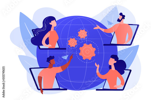 Colleagues business meeting, company internet webcast. Online meetup, join meetup group, meetup website service, best communication here concept. Pinkish coral bluevector isolated illustration