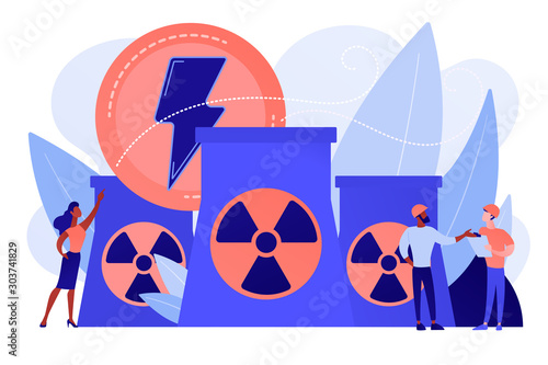 Engineers working at nuclear power plant reactors releasing energy. Nuclear energy, nuclear power plant, sustainable energy source concept. Pinkish coral bluevector isolated illustration