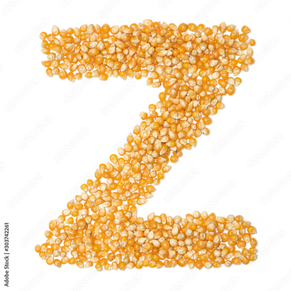 Φωτογραφία Letter Z of the English alphabet from from yellow dry corn  on a white isolated background