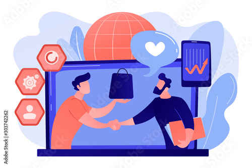 Manager shakes hands with customer, strategy for interactions with client. Customer relationship management, CRM system, CRM lead management concept. Pink coral blue vector isolated illustration