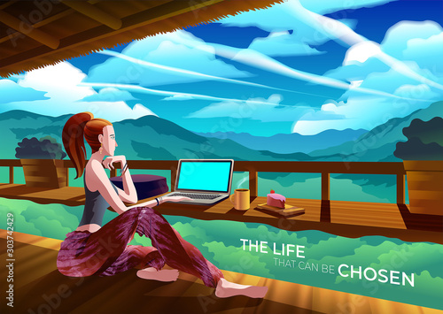 An illustration featuring the lady in casual clothes is sitting and working remotely at the balcony in the opening-to-nature cafe with beautiful mountain scenery.
